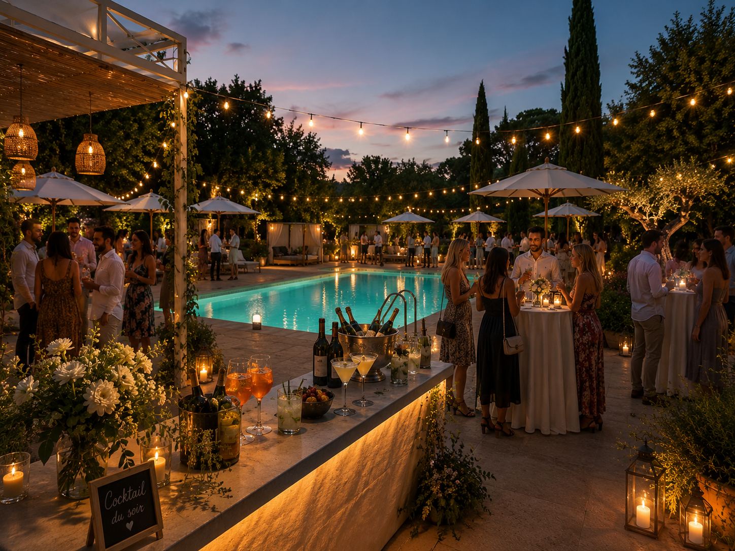 Cocktail du soir au bord de la piscine du Château Pimõ