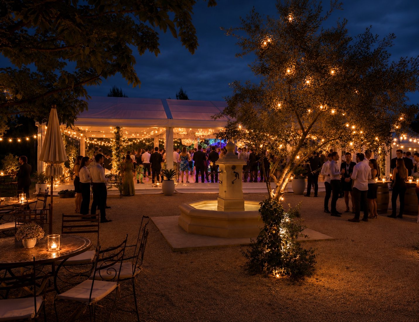 Soirée sous la tente illuminée de l'Oasis du Saule