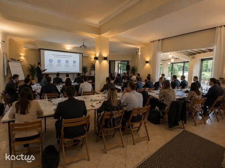 Séminaire d'entreprise dans la salle intérieure de l'Oasis du Saule, écran de projection et tables de travail